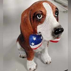 New Patriotic Brown & White Dog Figurine with American Flag Bow
